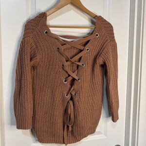 Elegant Lace-Up V-Neck Sweater in Brown
